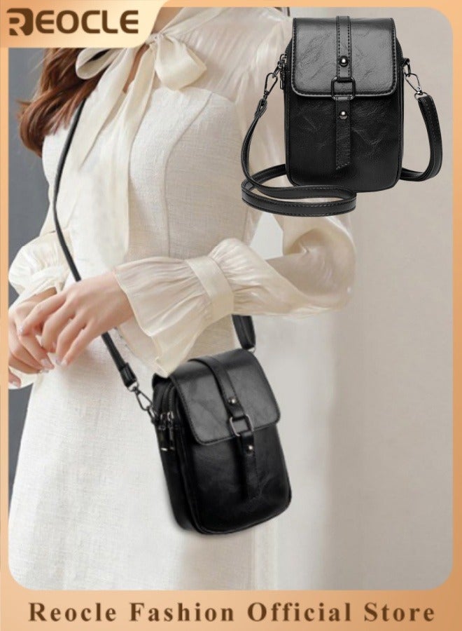ريوكل حقيبة كروس بودي لهاتف المحمول للنساء حقيبة كتف للهاتف من الجلد الطبيعي حقيبة كروس بودي ذات طبقتين بتصميم عتيق محفظة بطاقات مع حزام كتف قابل للتعديل - Image 1