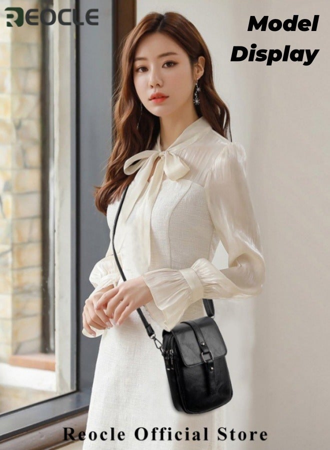 ريوكل حقيبة كروس بودي لهاتف المحمول للنساء حقيبة كتف للهاتف من الجلد الطبيعي حقيبة كروس بودي ذات طبقتين بتصميم عتيق محفظة بطاقات مع حزام كتف قابل للتعديل - Image 3