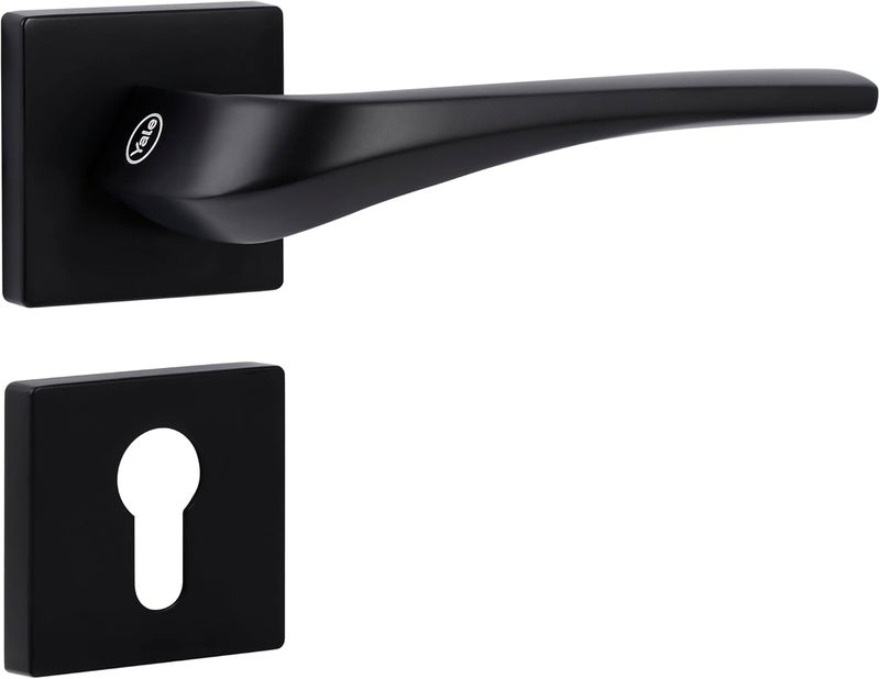 مقبض باب ممتاز من سبائك الزنك من سلسلة Yale Rhine، أسود غير لامع، ذراع بآلية زنبركية، معيار EN1906، مناسب للأبواب الداخلية، استخدام قابل للتعديل لليمين/اليسار، يشمل قاعدة تثبيت، 35-DH-Z009-BM-11