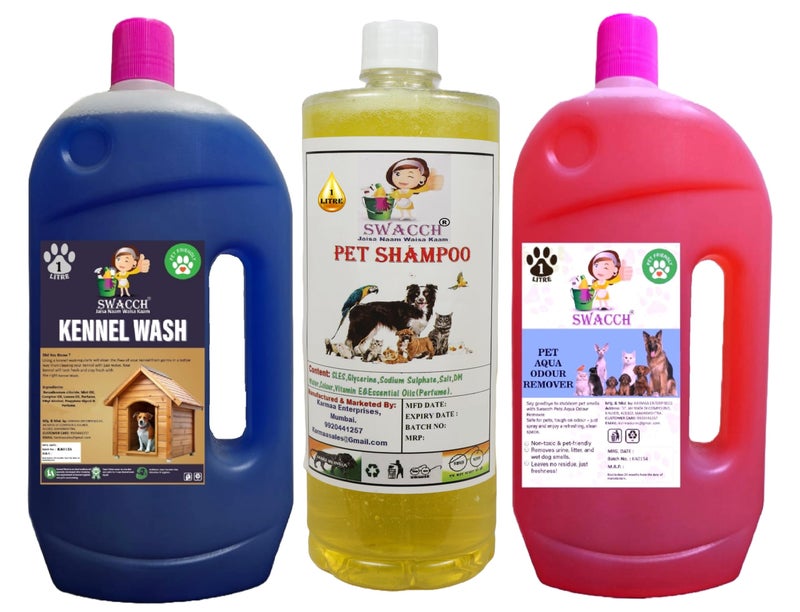 swacch Kennel Wash (Lavender) + Pet Shampoo (Lemon) I Pet Aqua Odour Remover (Rose) 1 Litre Combo Pack of 3 Economical Pack I Dog and Cat Friendly - Image 1