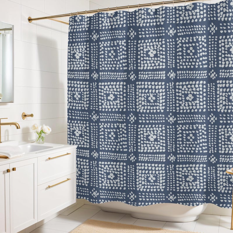 Worthwhile Goods Modern Blue Shibori Print Shower Curtain - Boho Geometric Dot Pattern - Mudcloth Design - Decorative Fabric Shower Curtain for Any Bathroom - 72x72 Inches (Shibori) - Image 1