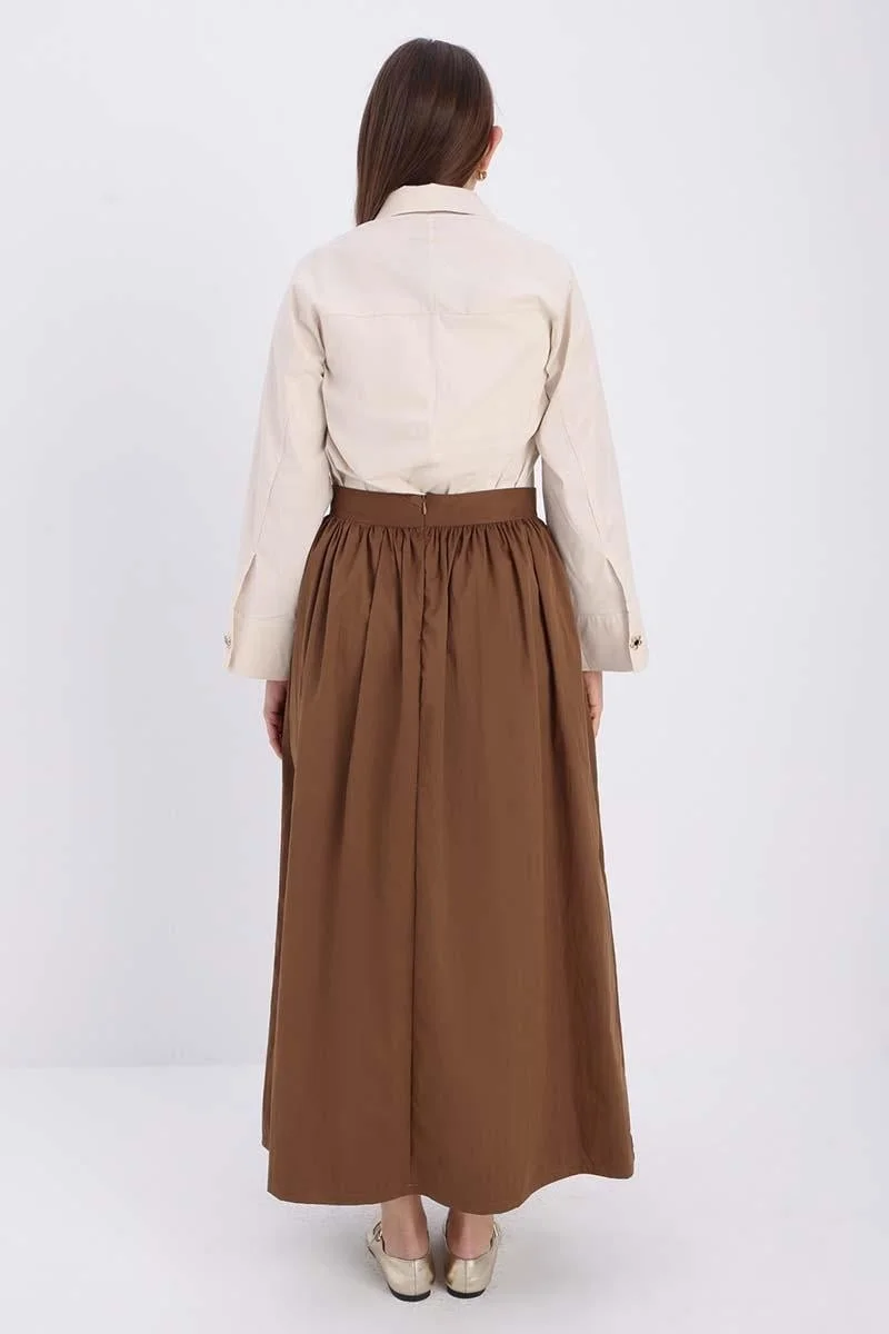Allday Tan-Button Detailed Pleated Skirt