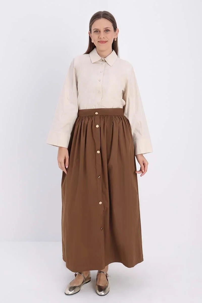 Allday Tan-Button Detailed Pleated Skirt