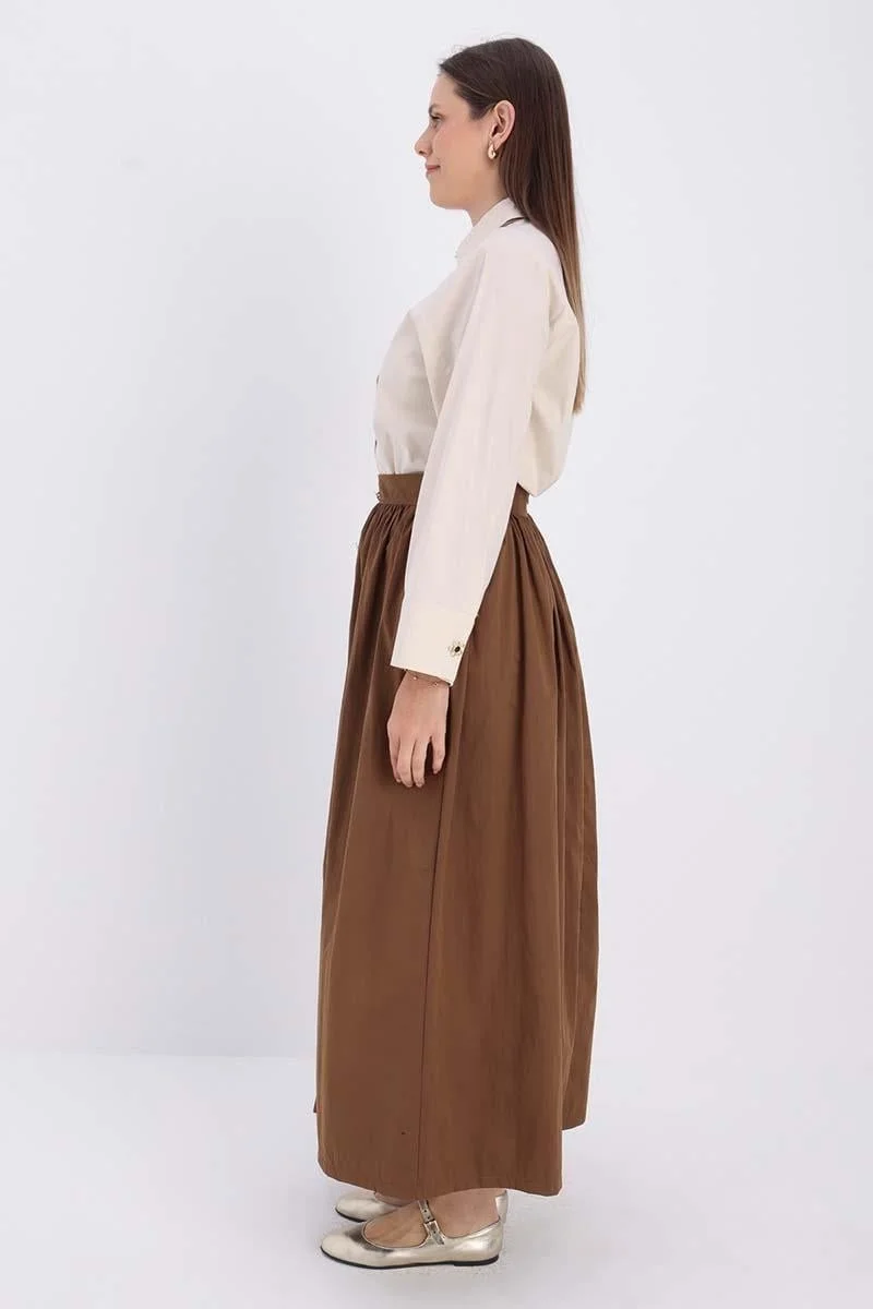 Allday Tan-Button Detailed Pleated Skirt