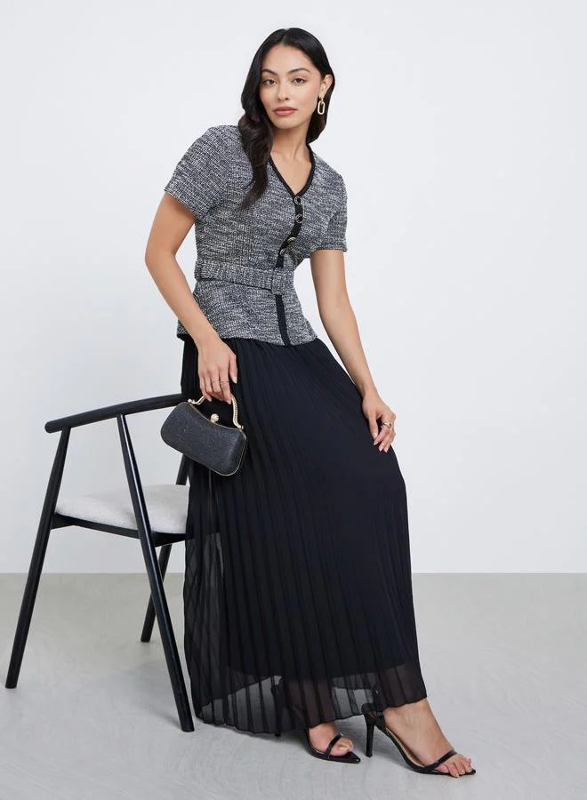 Styli Black Tweed Pleated Maxi Evening Dress