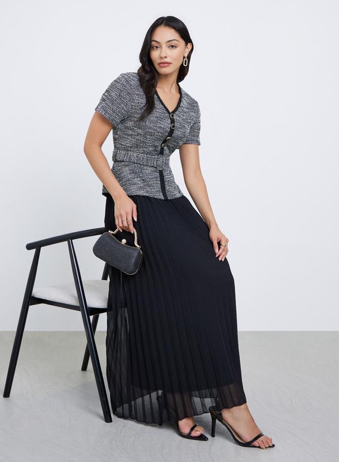 Styli Black Tweed Pleated Maxi Evening Dress - Image 1