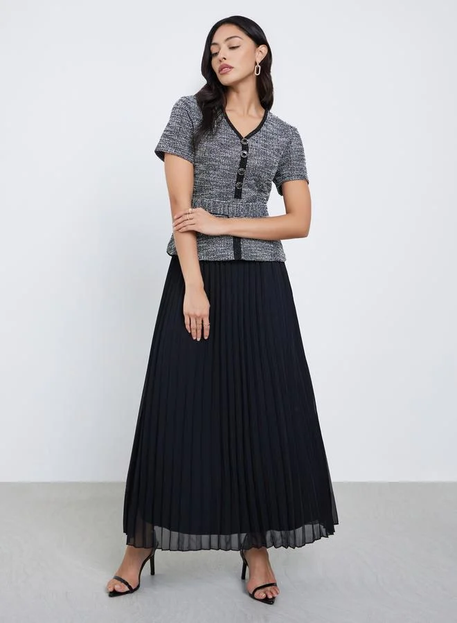 Styli Styli Black Tweed Pleated Maxi Evening Dress