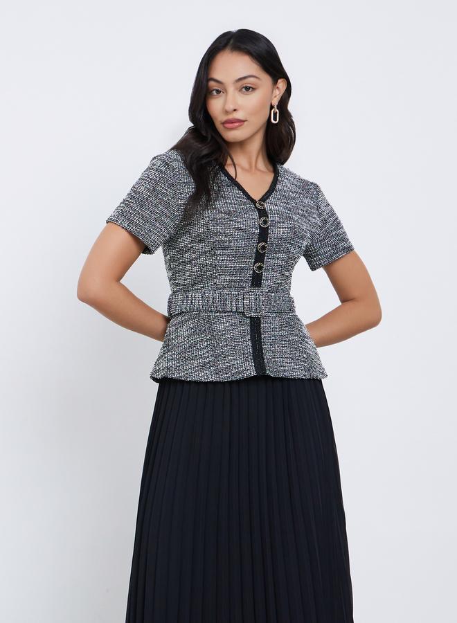 Styli Black Tweed Pleated Maxi Evening Dress - Image 3