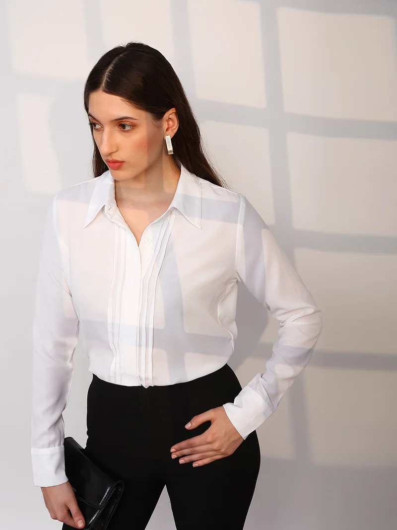 Globus Women Off White Spread Collar Cuffed Sleeves Straight Hem Pleated Workwear Shirt