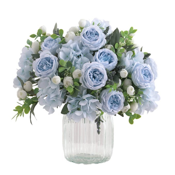 4 BUNCHES ARTIFICIAL FLOWERS FOR DECORATION BLUE PEONIES FAKE ROSES ARRANGEMENTS TABLE CENTERPIECE FAUX FLORES FOR WEDDING HOME VASE DECOR