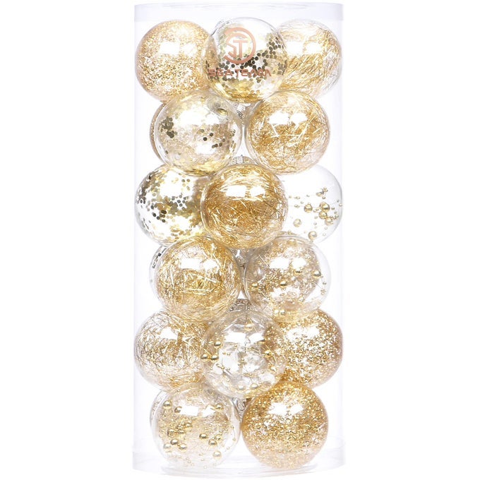 70MM276 SHATTERPROOF CLEAR PLASTIC CHRISTMAS BALL ORNAMENTS DECORATIVE XMAS BALLS BAUBLES SET WITH STUFFED DELICATE DECORATIONS 24 COUNTS GOLD