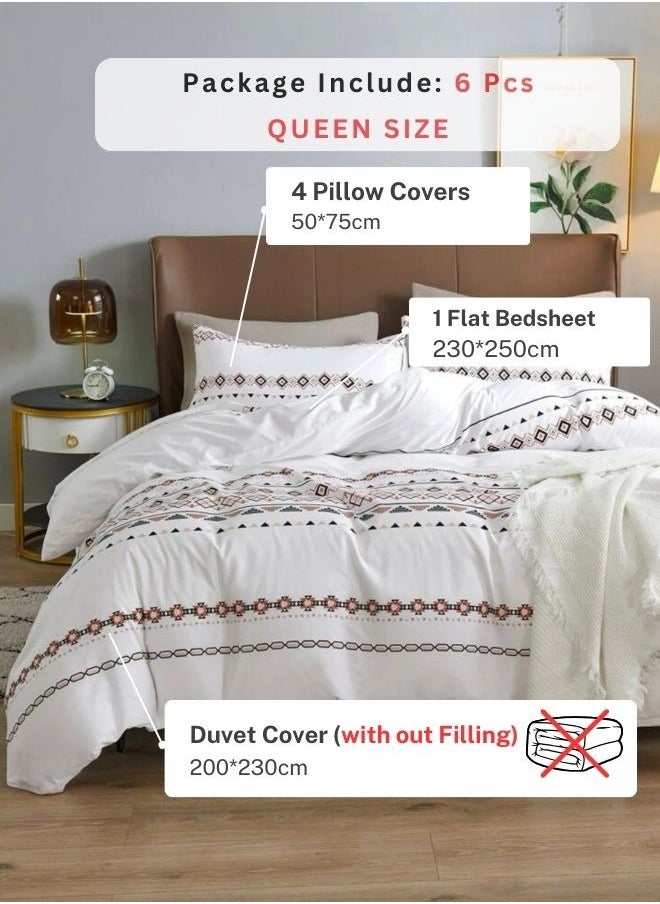 LUNA Home - Queen size 6 pieces Bedding Set Without Filler, White Color Simple Elegant Design. - Image 1