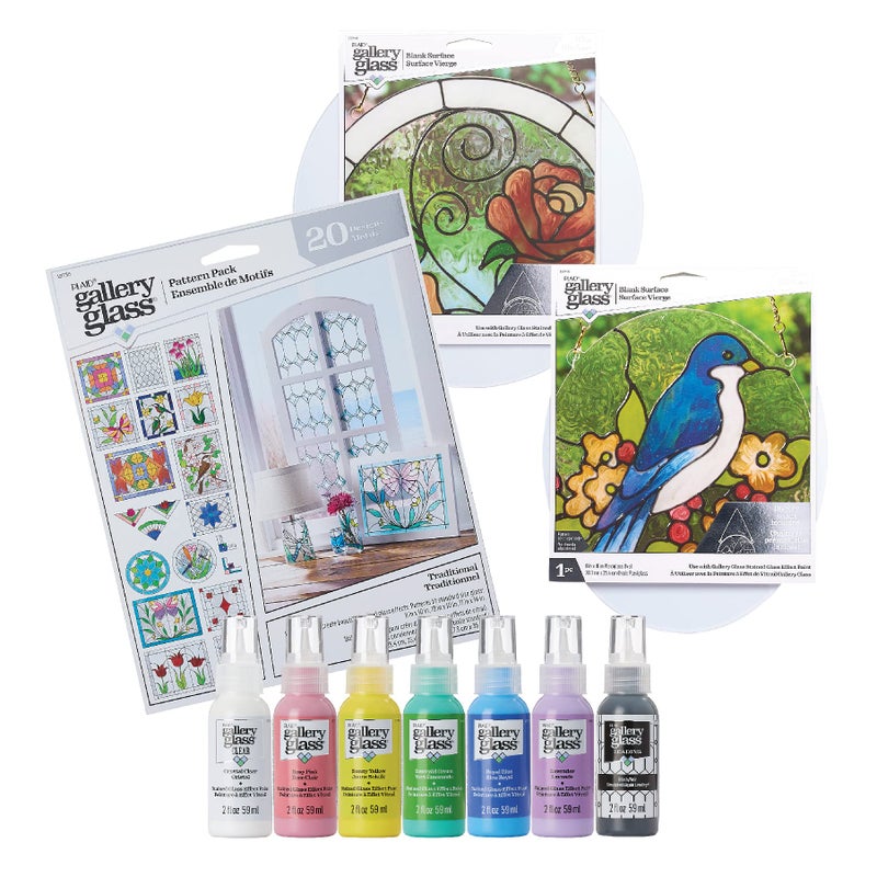 Gallery Glass PROMOGGSTR22 Stained Glass Painting Starter Kit, 10 Piece Set Including 6 Colors, 1 Bottle of Liquid Leading, 2 Plastic Surfaces and 1 Pattern Pack of 20 Molds - Image 1