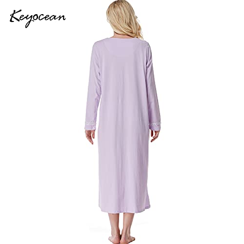 Keyocean Nightgown for Women, 100% Cotton Long Sleeves Lightweight Comfy Women Sleeping-Gown, Light Purple, Small - Image 2