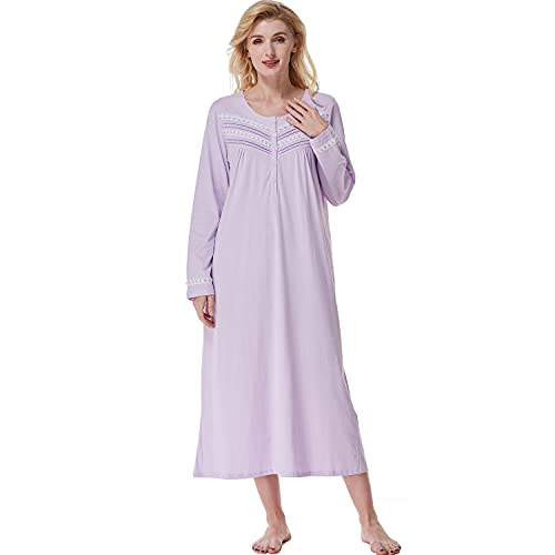 Keyocean Nightgown for Women, 100% Cotton Long Sleeves Lightweight Comfy Women Sleeping-Gown, Light Purple, Small - Image 1