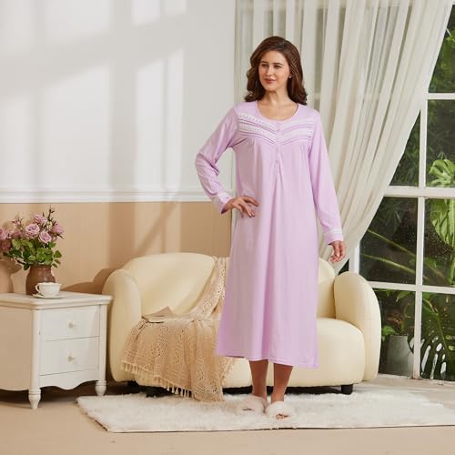 Keyocean Nightgown for Women, 100% Cotton Long Sleeves Lightweight Comfy Women Sleeping-Gown, Light Purple, Small - Image 4