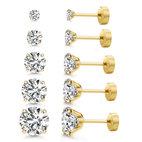 Kainier 5 Pairs Flat Back Stud Earrings CZ Earrings Round Surgical Steel AAAA Cubic Zirconia Hypoallergenic Ear Stud Set Gold/Silver 3-7mm - Image 1