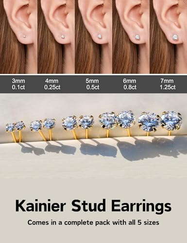 Kainier 5 Pairs Flat Back Stud Earrings CZ Earrings Round Surgical Steel AAAA Cubic Zirconia Hypoallergenic Ear Stud Set Gold/Silver 3-7mm - Image 3