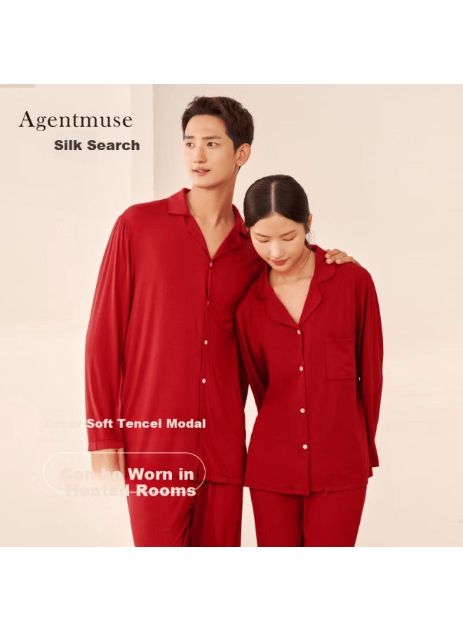 Agentmuse Seamless Sleepwear For Women, 60s Tencel Modal Spring And Autumn Couple Set, Cardigan Can Be Worn Outside, Loungewear