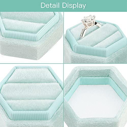 DesignSter Hexagon Velvet Ring Box - Premium Gorgeous Vintage Double Ring Display Holder with Detachable Lid for Proposal, Engagement, Wedding, Ceremony (Mint green) - Image 5
