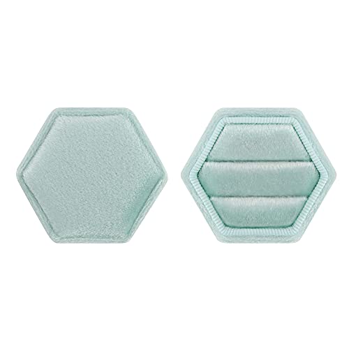 DesignSter Hexagon Velvet Ring Box - Premium Gorgeous Vintage Double Ring Display Holder with Detachable Lid for Proposal, Engagement, Wedding, Ceremony (Mint green) - Image 3