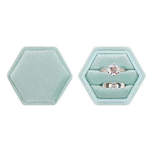 DesignSter Hexagon Velvet Ring Box - Premium Gorgeous Vintage Double Ring Display Holder with Detachable Lid for Proposal, Engagement, Wedding, Ceremony (Mint green) - Image 2