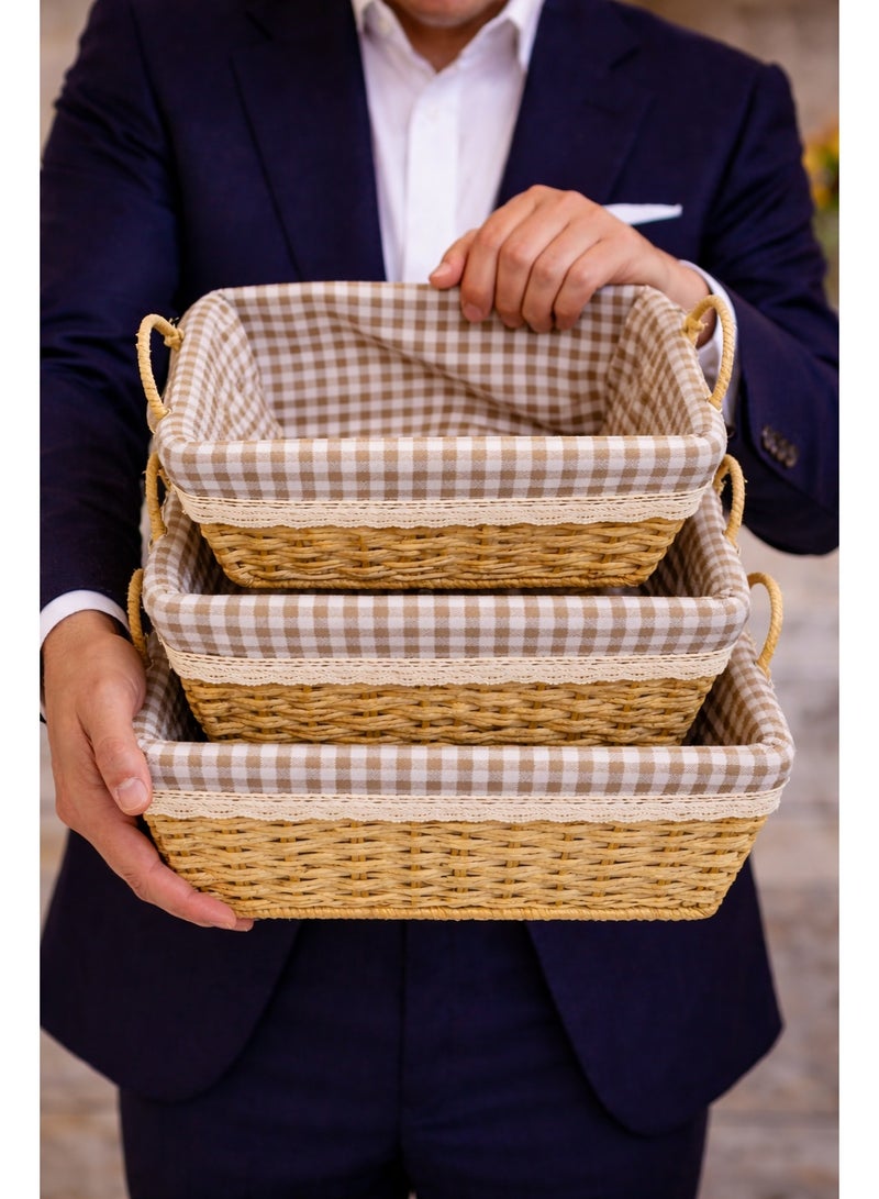 A woven storage basket, usually made of wicker or rattan and lined with fabric. It is used for multiple purposes both indoors and outdoors. - Image 1