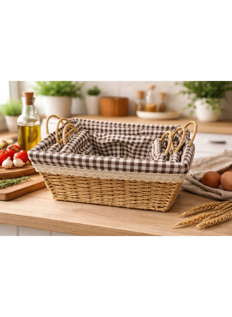 A woven storage basket, usually made of wicker or rattan and lined with fabric. It is used for multiple purposes both indoors and outdoors. - Image 3