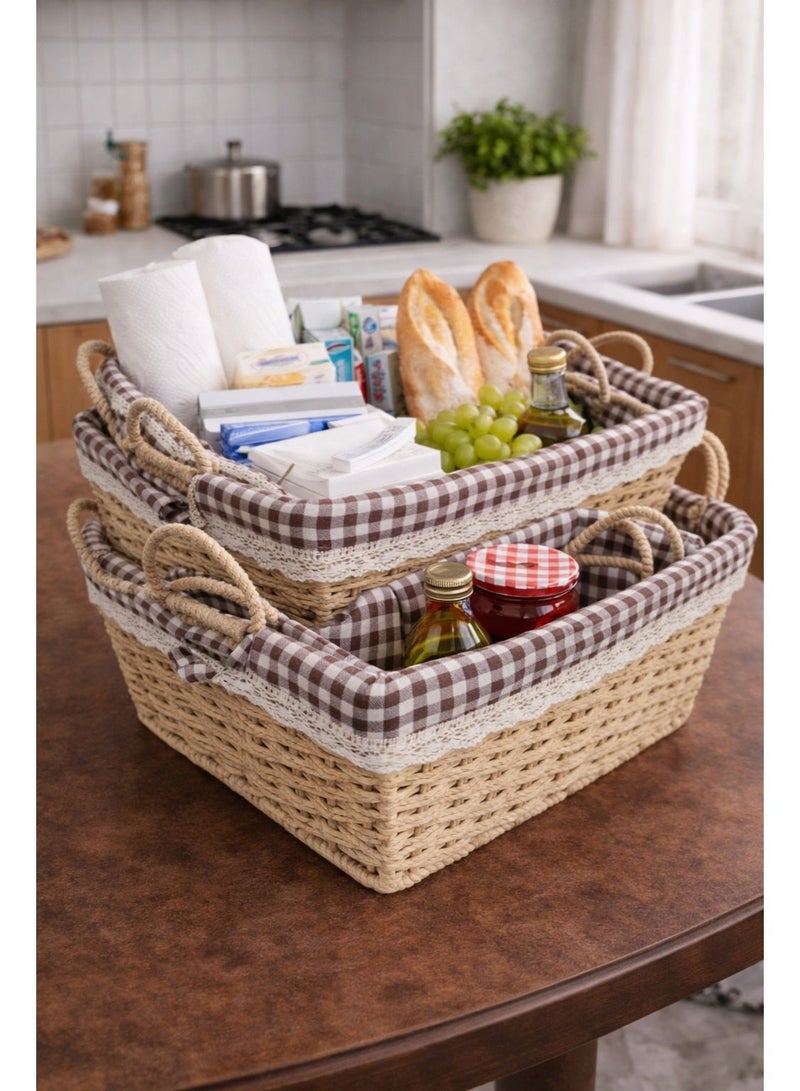 A woven storage basket, usually made of wicker or rattan and lined with fabric. It is used for multiple purposes both indoors and outdoors. - Image 5