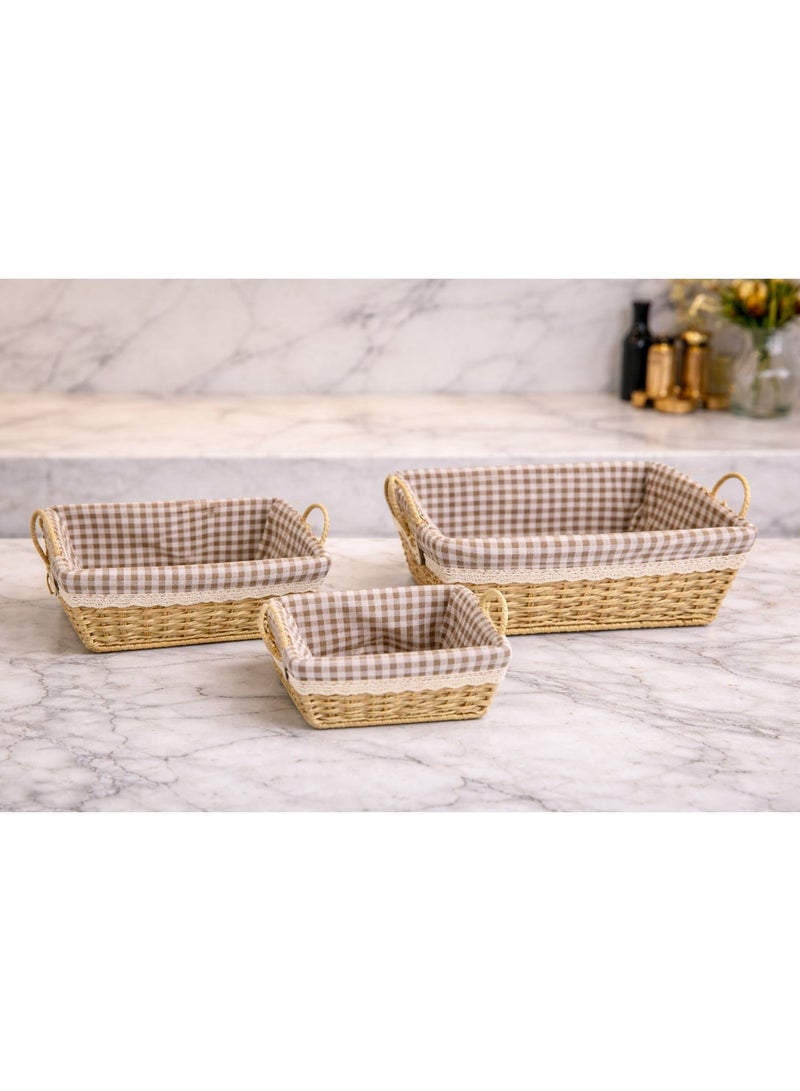 A woven storage basket, usually made of wicker or rattan and lined with fabric. It is used for multiple purposes both indoors and outdoors. - Image 2