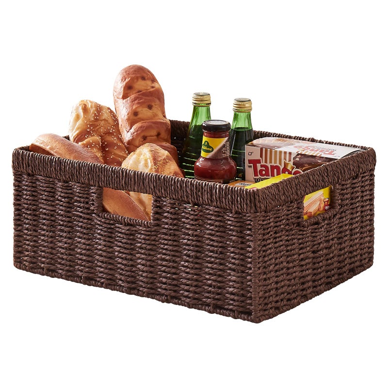 OIAHOMY Wicker Basket, Paper Shelf Basket with Built-in Handles, Rectangular Wicker Storage Bin for Pantry, Shelves, 1 Pack-Brown - Image 1