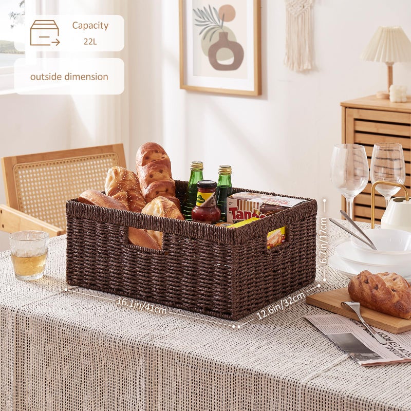 OIAHOMY Wicker Basket, Paper Shelf Basket with Built-in Handles, Rectangular Wicker Storage Bin for Pantry, Shelves, 1 Pack-Brown - Image 4