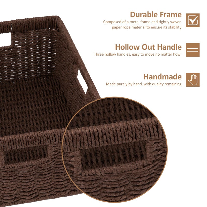 OIAHOMY Wicker Basket, Paper Shelf Basket with Built-in Handles, Rectangular Wicker Storage Bin for Pantry, Shelves, 1 Pack-Brown - Image 2