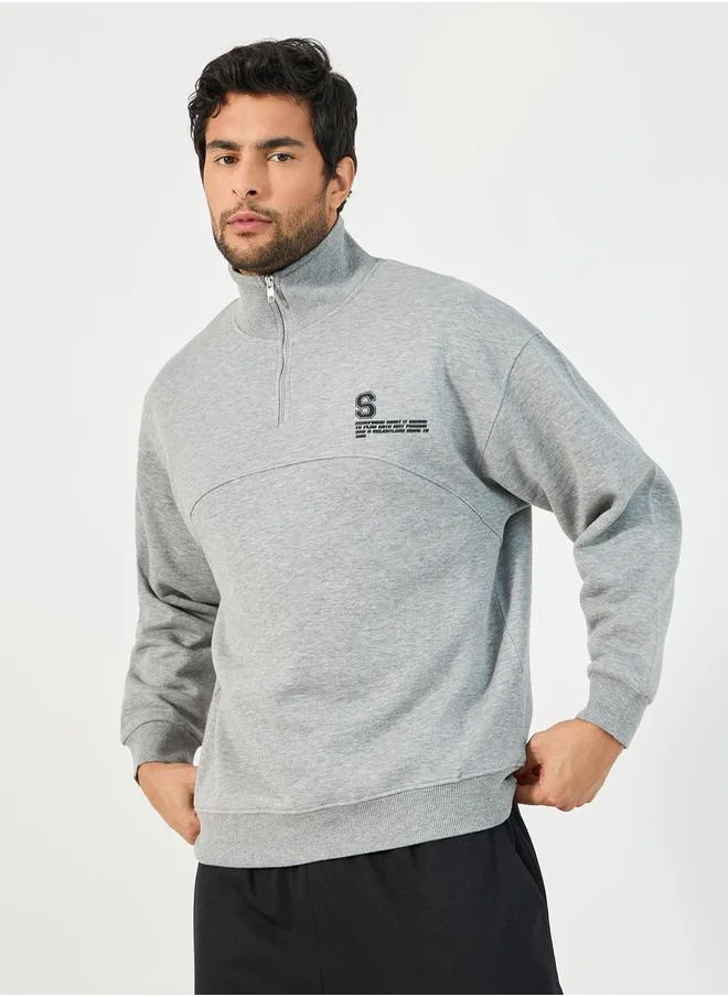 Styli Quarter Zip Chest Print High Neck Boxy Fit Heavy Sweatshirt