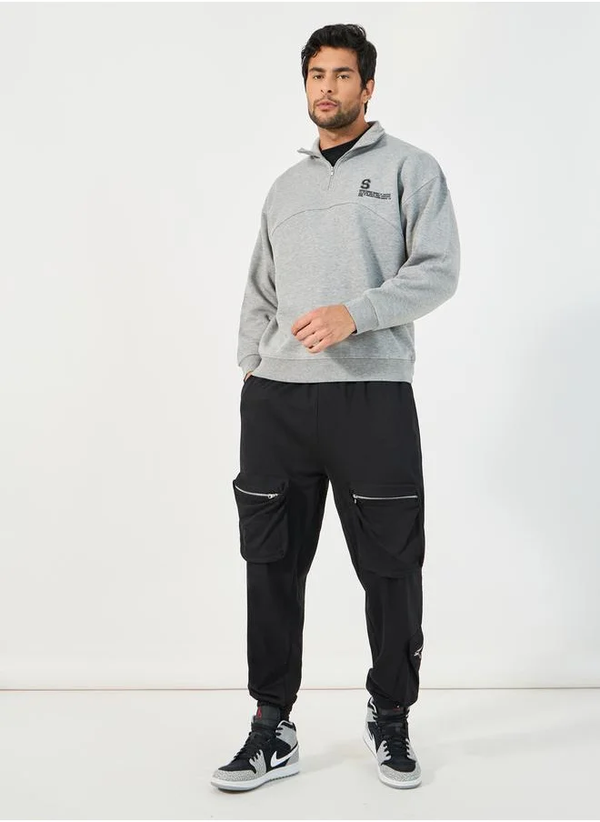 Styli Quarter Zip Chest Print High Neck Boxy Fit Heavy Sweatshirt