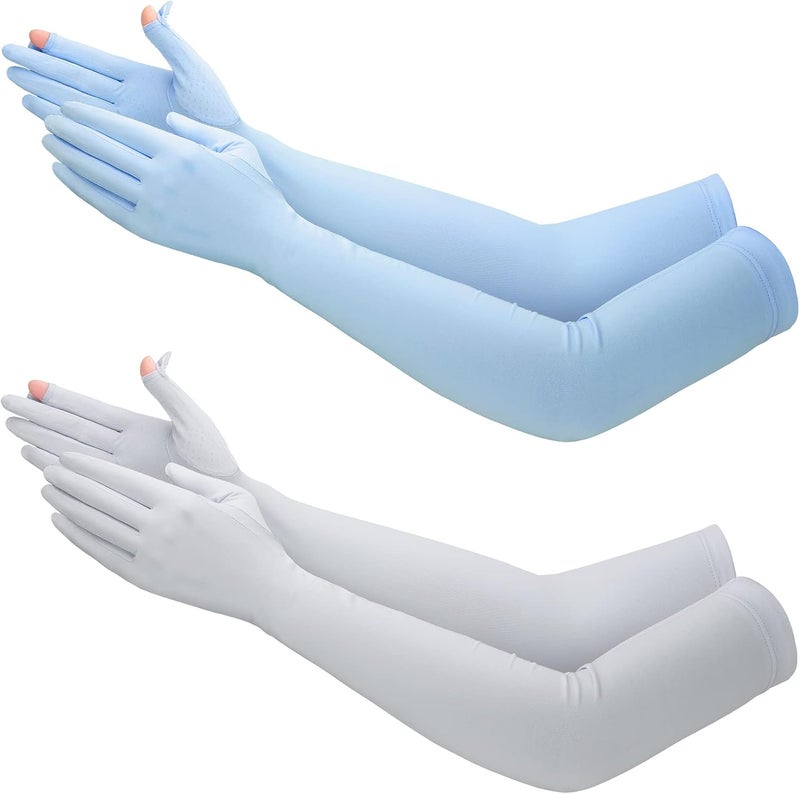 Jecery 2 Pairs UV Long Sun Gloves for Women - Sunblock Driving Gloves in Gray and Blue - Image 1
