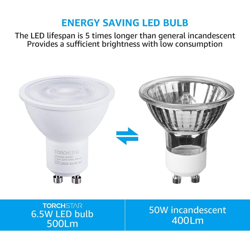 TORCHSTAR 12-Pack GU10 LED Bulbs Dimmable, 500LM 50W Halogen Equivalent, 4000K Cool White, 40° Beam Angle MR16 Spot Light Bulb for Recessed Lighting Track Lighting, UL Listed - Image 4