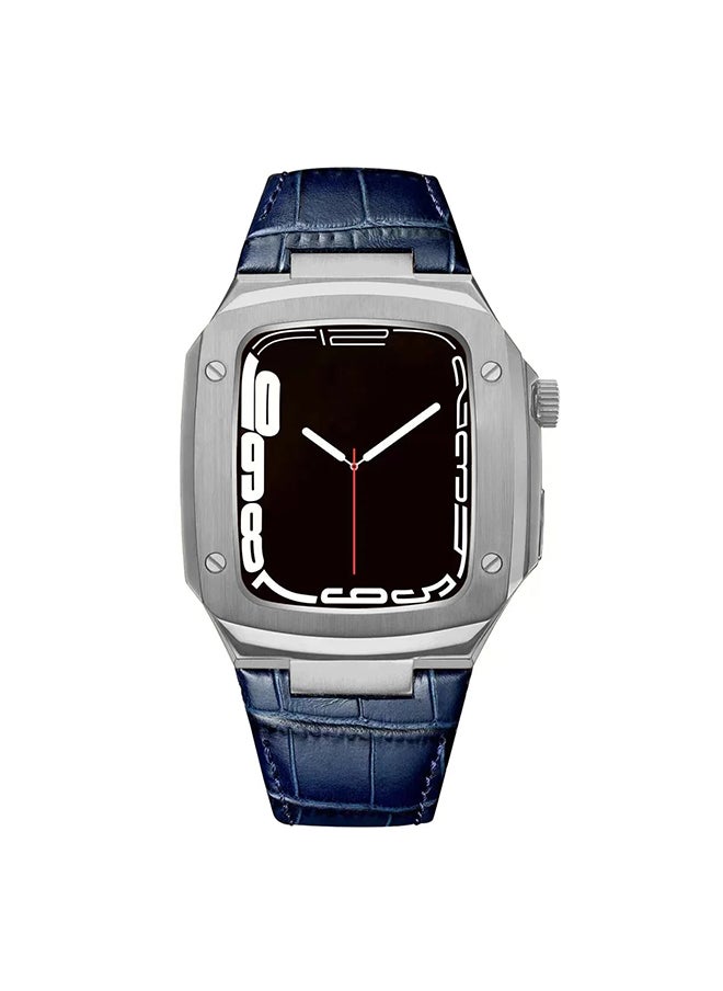 O Ozone Stainless Steel Case with Genuine Leather Watch Band For Apple Watch 44mm 45mm, Luxury Metal Protective Bumper Cover for Men- Blue  - Image 1
