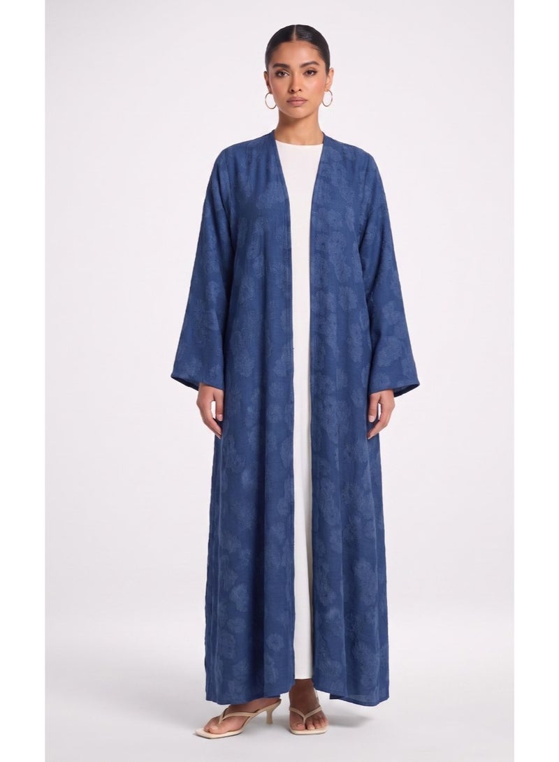 Next Abaya Blue Denim Crepe Open Abaya Premium Textured Pattern Kimono - Image 1