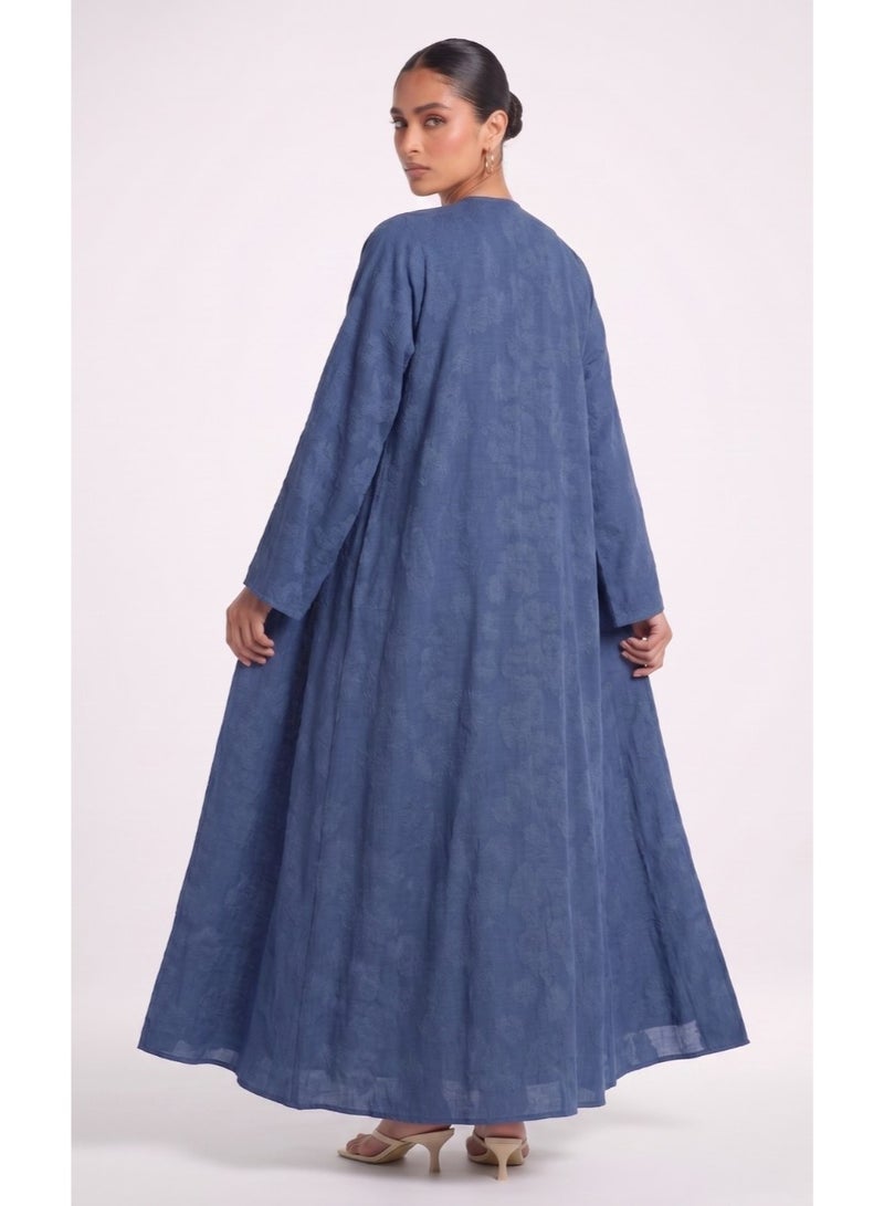Next Abaya Blue Denim Crepe Open Abaya Premium Textured Pattern Kimono - Image 2
