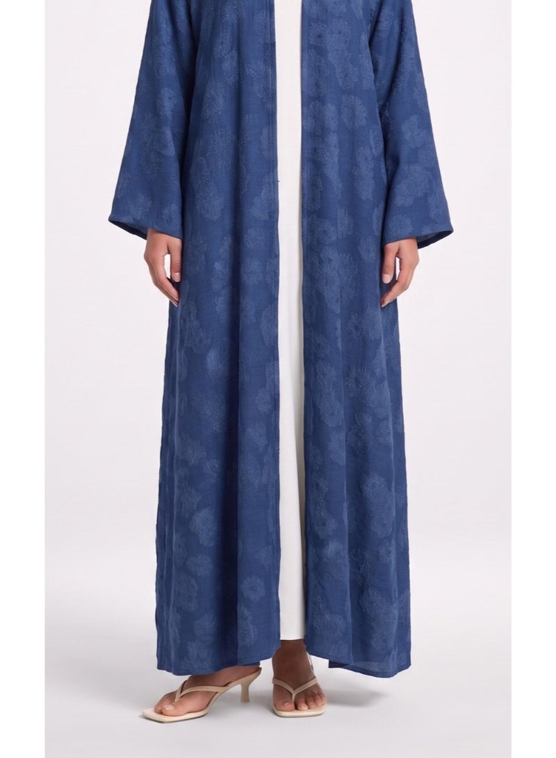 Next Abaya Blue Denim Crepe Open Abaya Premium Textured Pattern Kimono - Image 3