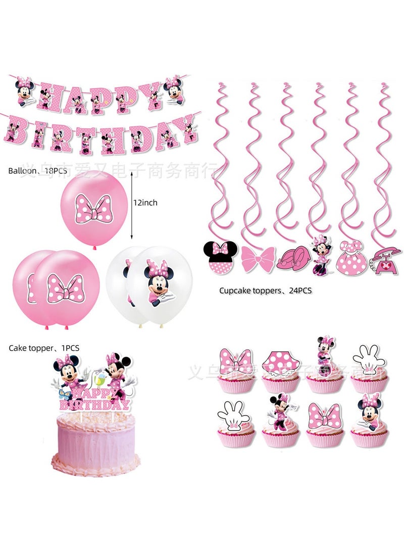 Arabest dishi Pink Minnie Mickey Mouse Birthday Party Decoration Banner Cake Insert Balloon Party Supplies 5 Piece Set-Pink Minnie 
