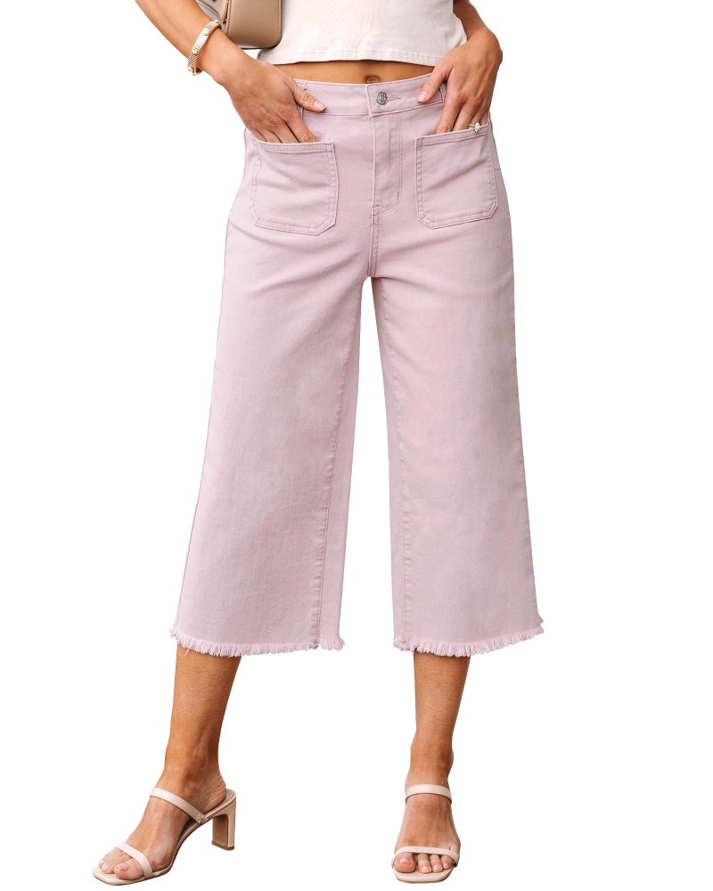 luvamia Capris Jeans for Women Wide Leg High Waisted Trendy Raw Hem Patch Pocket Cropped Stretchy Denim Capri Pants Summer Clothes for Women Hushed Violet Medium Fits Size 8 Size 10 - Image 1