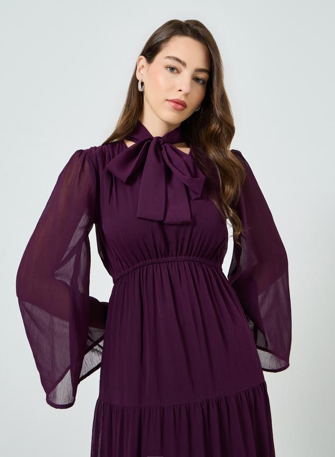 Styli Women Purple Tiered Maxi Dress with Tie-Up Neck - Image 2