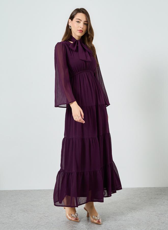 Styli Women Purple Tiered Maxi Dress with Tie-Up Neck - Image 3