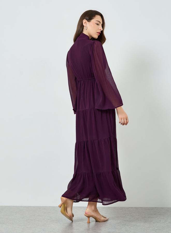 Styli Women Purple Tiered Maxi Dress with Tie-Up Neck - Image 5