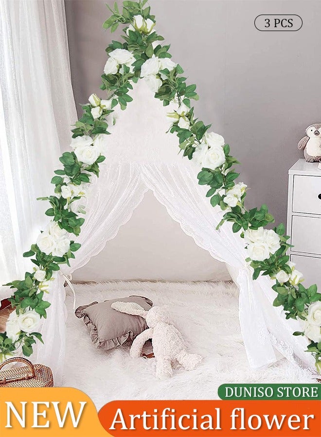 DUNISO 3 قطع من زهور الورد الأبيض الصناعية [إكليل] زهور حريرية مزيفة من الكروم البيضاء معلقة على شكل وردة لبلاب لحفلات الزفاف وخلفية الحديقة وحفلات الخطوبة وديكور الاستقبال - Image 1