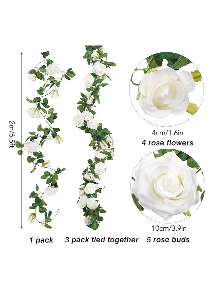 DUNISO 3 قطع من زهور الورد الأبيض الصناعية [إكليل] زهور حريرية مزيفة من الكروم البيضاء معلقة على شكل وردة لبلاب لحفلات الزفاف وخلفية الحديقة وحفلات الخطوبة وديكور الاستقبال - Image 2