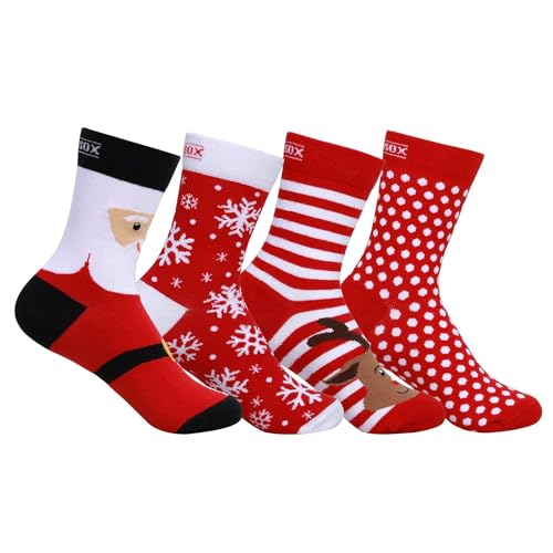 Supersox Christmas Crew Socks for Men & Women - Breathable Combed Cotton - Sweat Absorbent - Anti Odour, Ideal for Gifts, Free Size, Pack of 4 (Santa, Reindeer, Snow Flakes & Polka dots) - Image 1