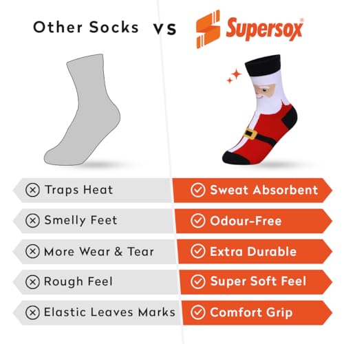 Supersox Christmas Crew Socks for Men & Women - Breathable Combed Cotton - Sweat Absorbent - Anti Odour, Ideal for Gifts, Free Size, Pack of 4 (Santa, Reindeer, Snow Flakes & Polka dots) - Image 5